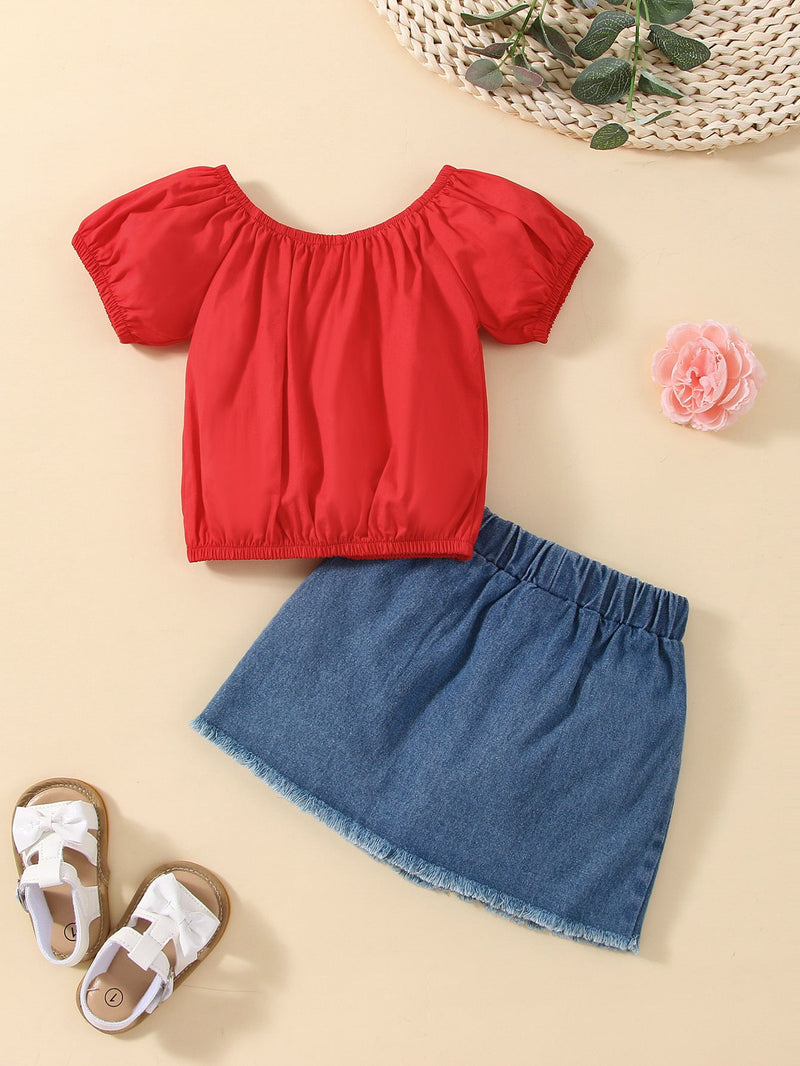 Baby Girl Puff Sleeve Top And Denim Skirt Two Piece Baby Sets - PrettyKid