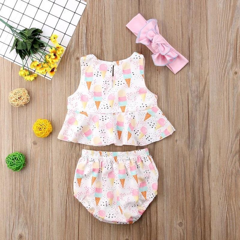 Toddler Girl Ice Cream Print Top & Super Shorts & Bowknot Headband - PrettyKid