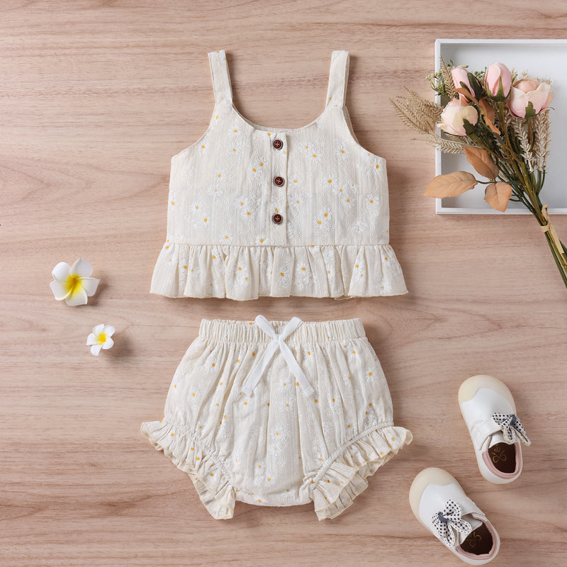 Baby Girl Daisy Print Tank Top And Shorts Baby Outfit Sets - PrettyKid
