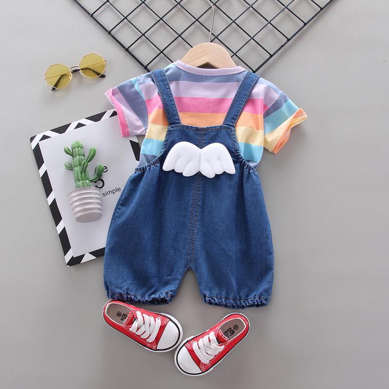 Toddler Girl Rainbow Striped T-shirt & Wing Decor Overalls Children's Clothing - PrettyKid