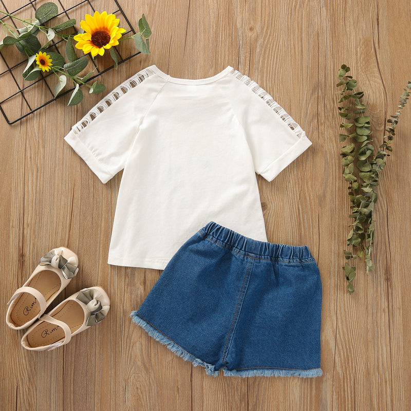 9M-4Y Toddler Girls Outfits Sets Sunflower Top & Ripped Denim Shorts Fashion Girl Wholesale - PrettyKid