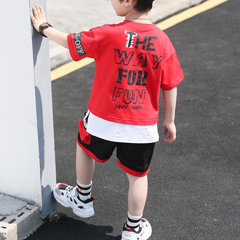 Kid Boy Letter Cartoon Character Pattern Top & Splice Color Shorts - PrettyKid