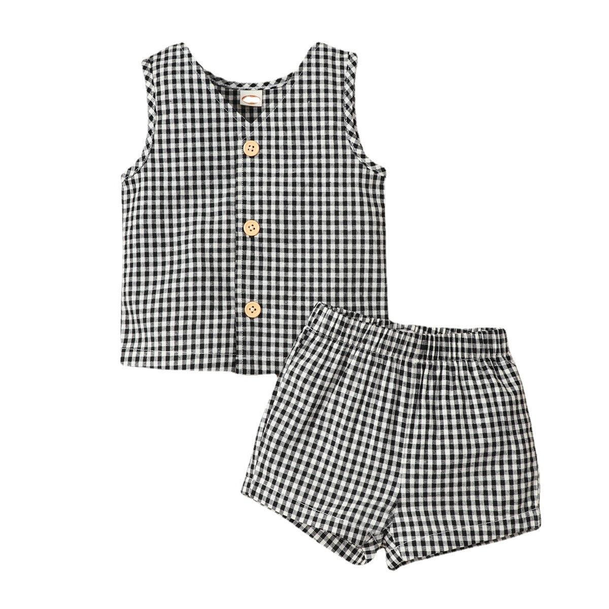 Baby Boy Plaid Vest And Shorts Baby Outfit Sets - PrettyKid