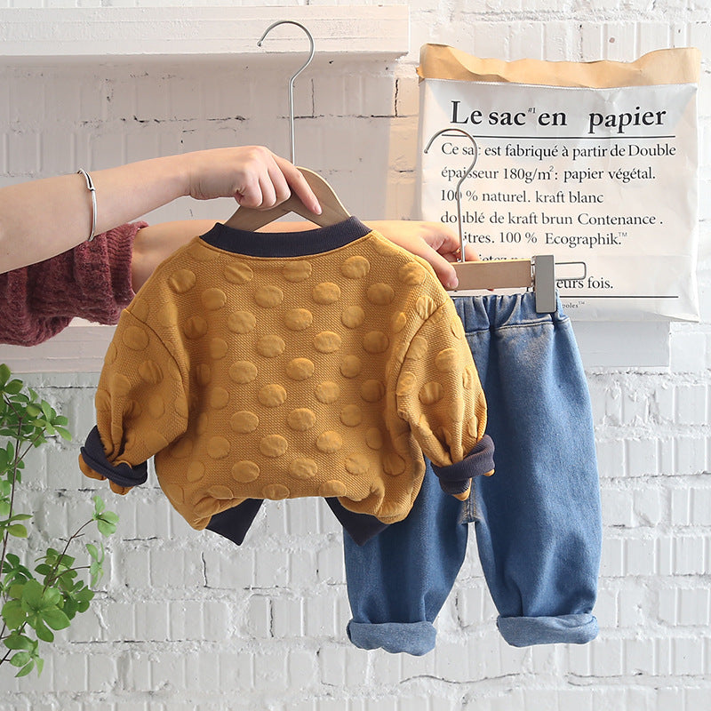 Baby Boy Smile Pattern Sweatshirt And Jeans Baby Outfit Sets - PrettyKid