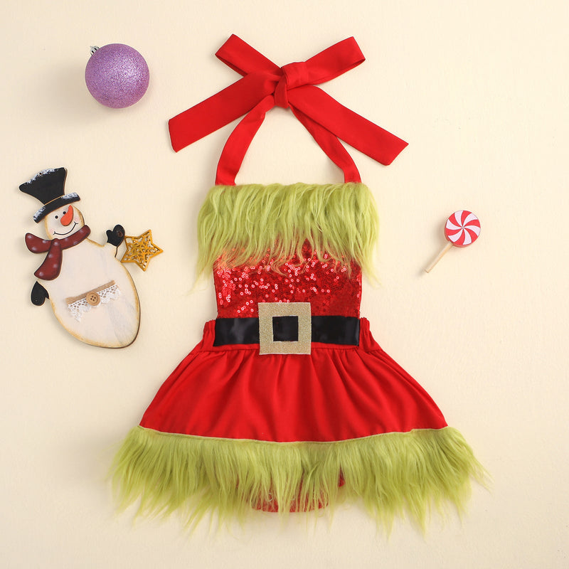 Christmas Colorblock Bow Dress Jumpsuit Baby One Piece - PrettyKid