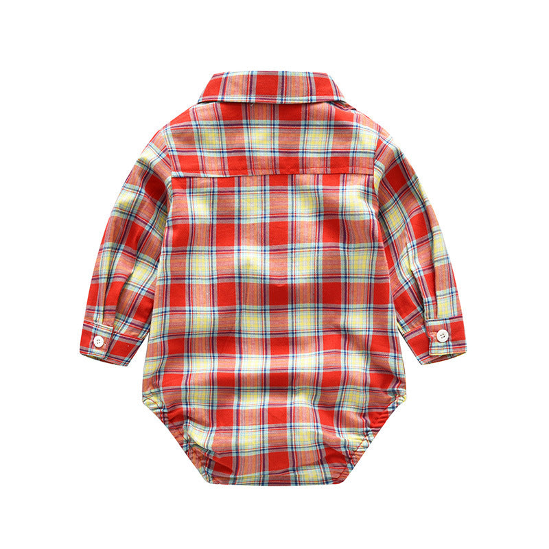 0-18months Baby Romper Shirt Children's Clothing Plaid Triangle Bag Fart Romper Long-Sleeved Baby Jumpsuit - PrettyKid