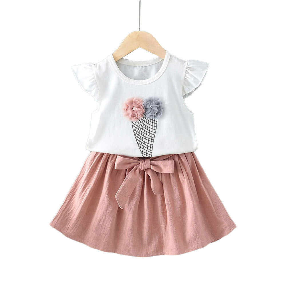18months-6years Toddler Girl Sets Cute Girl Suit Ice Cream Flying Sleeve Top & Belt Skirt Two-Piece Skirt - PrettyKid
