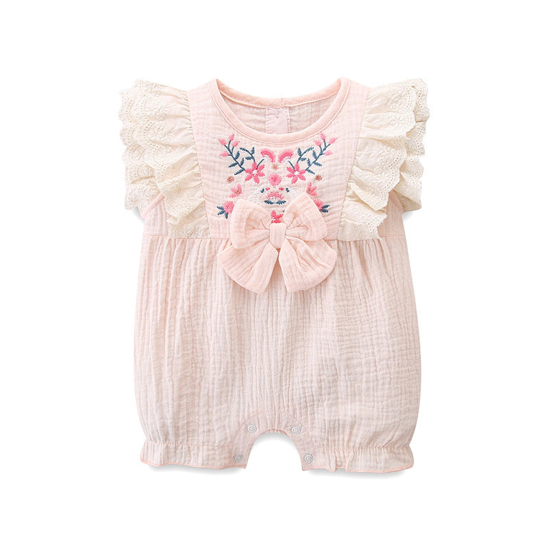 Baby Girl Rompers Bow Tie Lotus Leaf Lace Sleeveless Baby Clothes In Bulk - PrettyKid