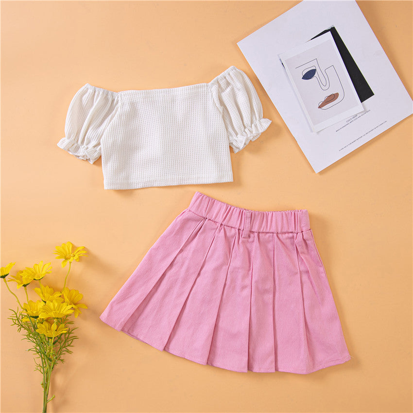 2-7years Toddler Girl Sets Pearl Button Top & Pink Skirt Cute Toddler Girl Clothes Wholesale - PrettyKid
