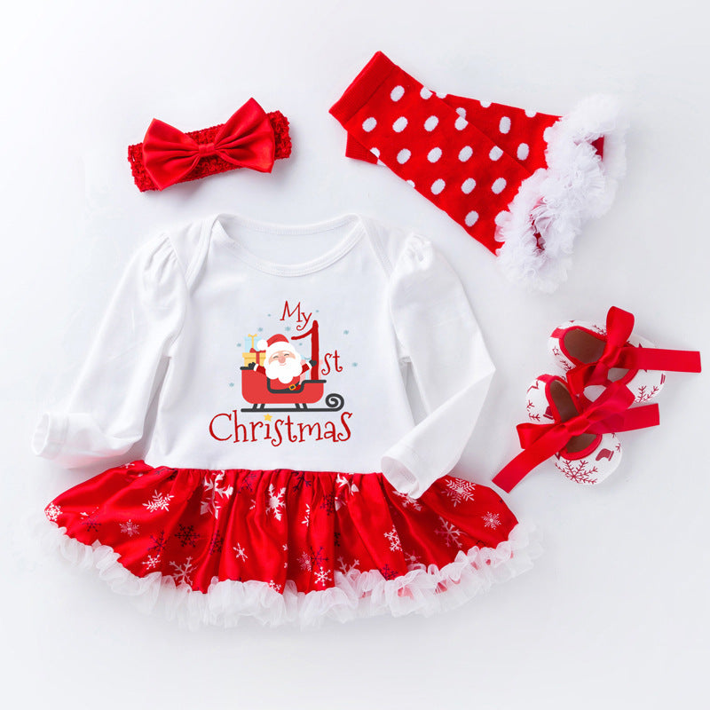 Christmas Snowflake Pattern Print And Polka Dot Tights And Headband Three Piece Baby Suit - PrettyKid