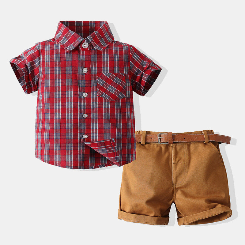 Boys Plaid Single Breasted Shirt Inelastic Shorts Wholesale Toddler Boy Sets - PrettyKid