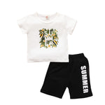 Boy Letter & Leaf Print T-Shirt And Shorts Toddler Outfit Sets - PrettyKid