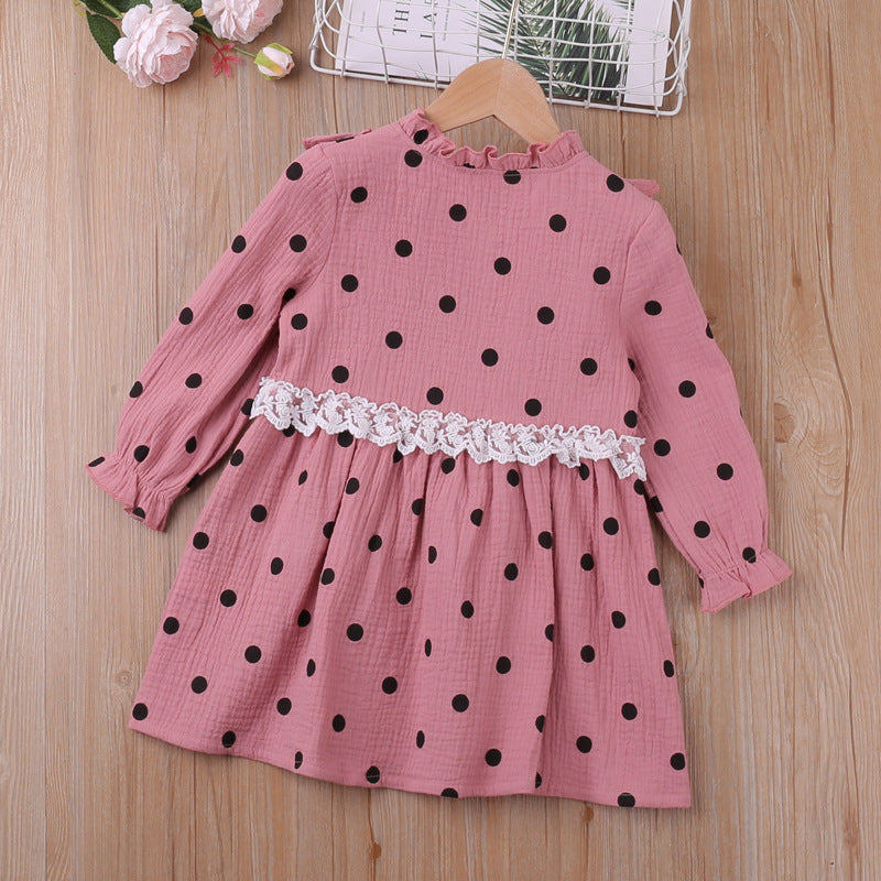 A-Line Long-Sleeved Polka Dots Wholesale Toddler Girl Dresses - PrettyKid