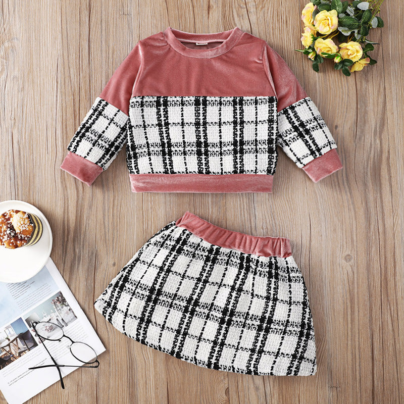 Colorblock Plaid Top And Skirt Wholesale Toddler Girl Sets - PrettyKid