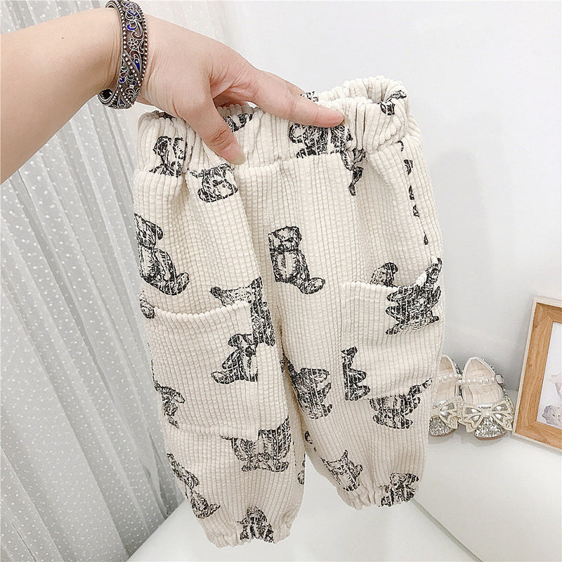 Bear Pattern Pocket Corduroy Toddler Girl Winter Pants - PrettyKid