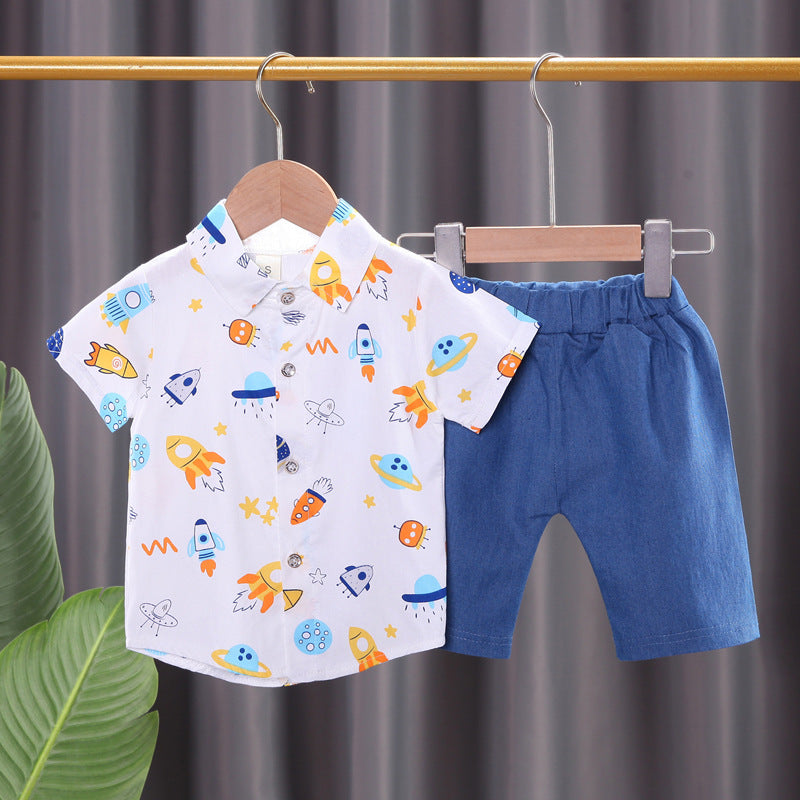 Boys And Girls Satellite Rocket Print Shirt Plain Shorts Wholesale Toddler Clothing Sets - PrettyKid