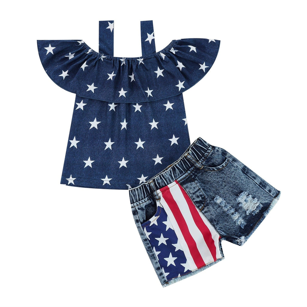 18M-6Y Toddler Girls Sets Stars Cami Top & Denim Shorts Independence Day Wholesale Little Girl Clothing - PrettyKid
