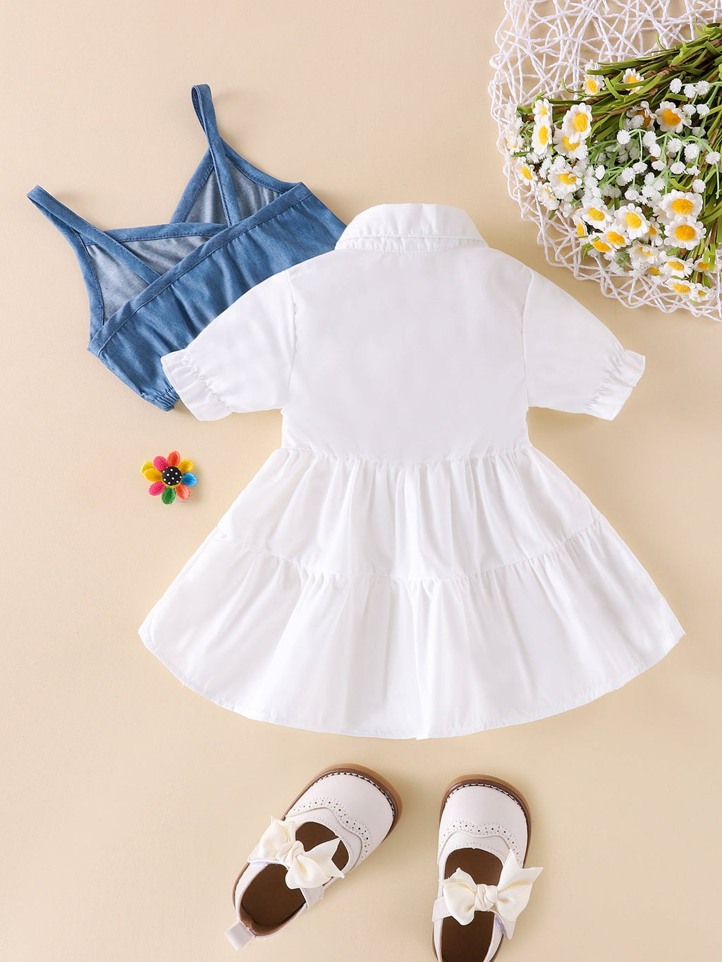 Baby Girl Outfit Sets Denim Cami Crop Top & White Shirts Dresses - PrettyKid