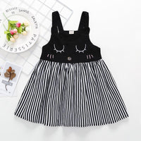 Toddler Girls Cute Cartoon Print Suspender Stripe Splice Dress - PrettyKid