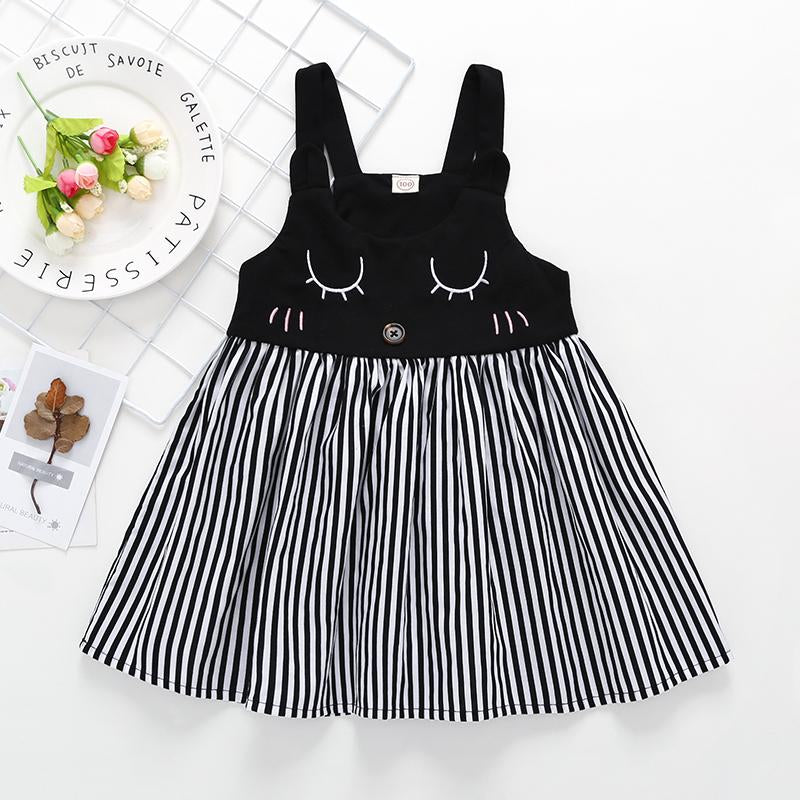 Toddler Girls Cute Cartoon Print Suspender Stripe Splice Dress - PrettyKid