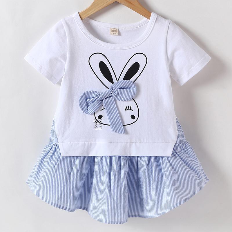 Girls' Cartoon Rabbit Print Bow Decor Dress - PrettyKid