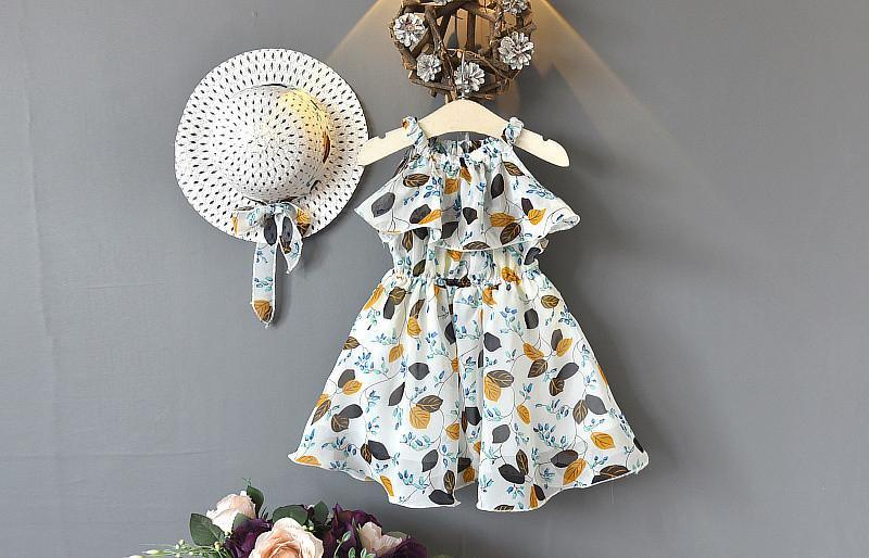 Girl Chiffon Off Shoulder Leaf and Flower Print Dress - PrettyKid