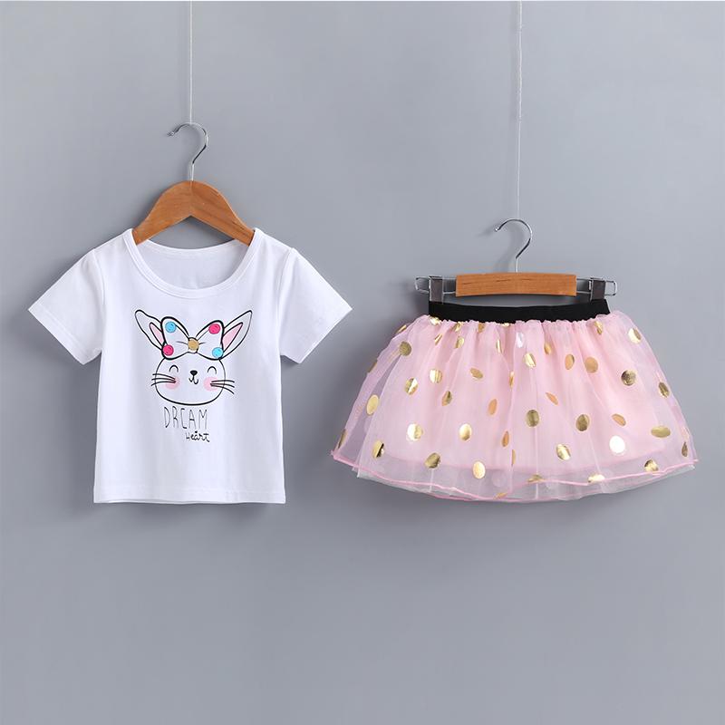 Baby Girls Cat Cartoon Print Top & Polka Dot Mesh Skirt - PrettyKid