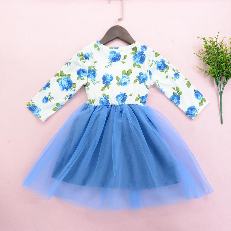Girl's Blue Mesh Long Sleeve Round Neck Dress Print Princess Dress - PrettyKid