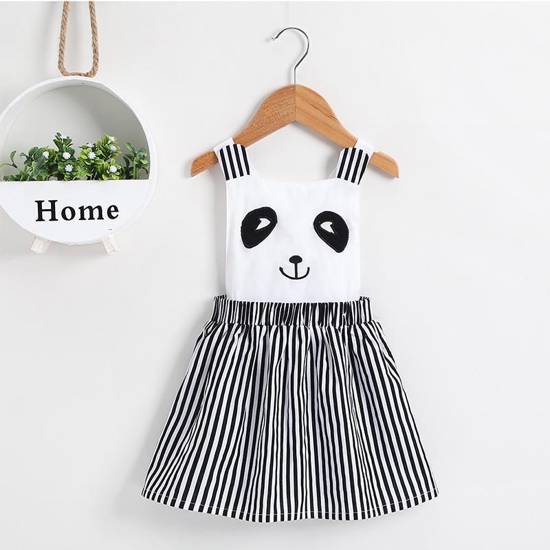 Toddler Girls Cute Cartoon Panda Striped Suspender Dress - PrettyKid