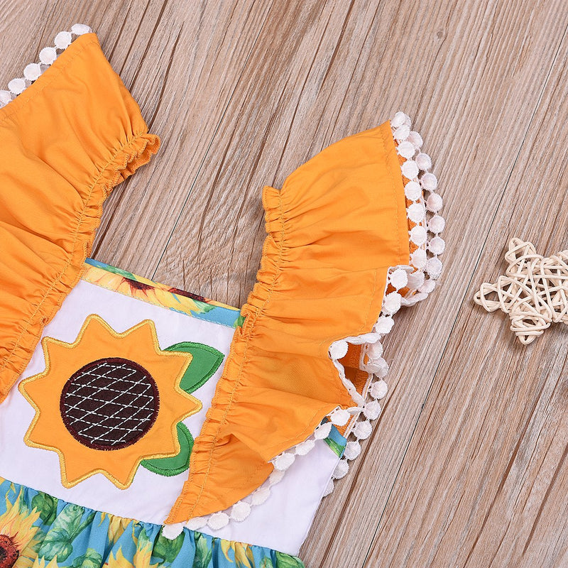 Toddler Girl Sunflower Allover Print Dress Fly Sleeve Princess Skirt - PrettyKid