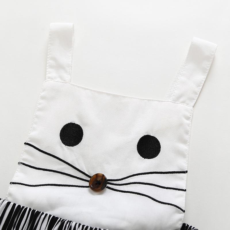 Cute Cat Embroidery Striped Design Dress For Baby Girls - PrettyKid