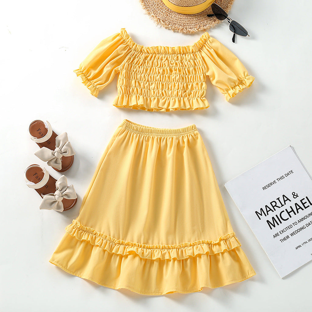 2-7Y Yellow Off-Shoulder Smocked Tops & Skirts Toddler Girls Outfits Sets - PrettyKid