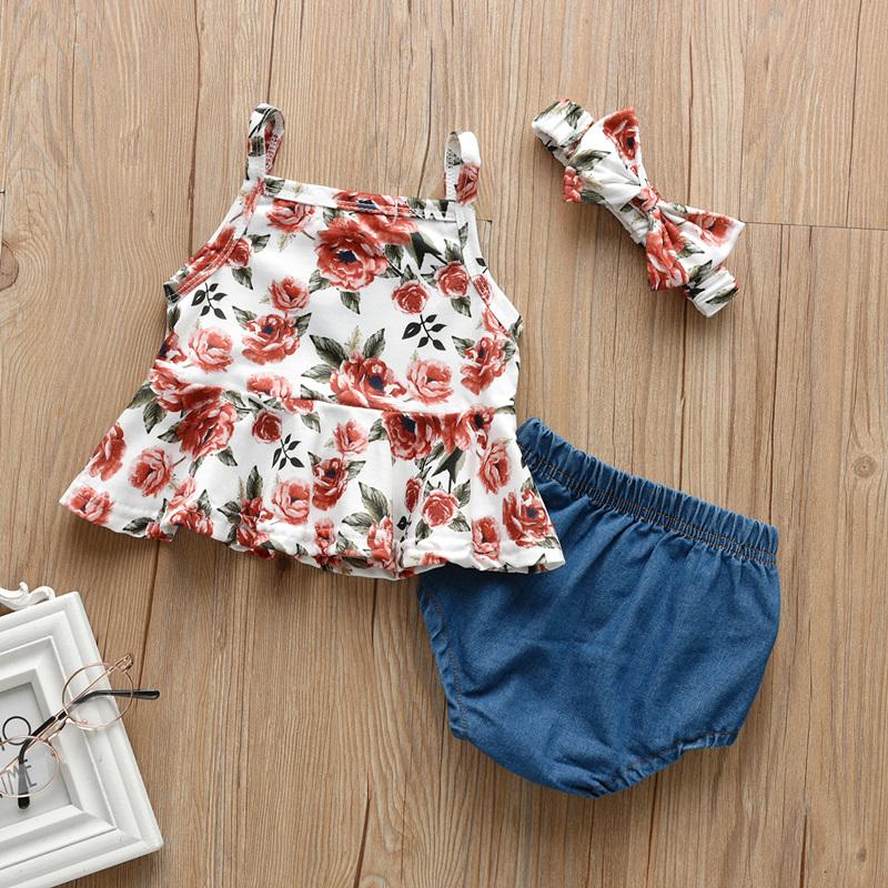 3-piece Floral Printed Dress & Shorts & Headband for Baby Girl Wholesale children's clothing - PrettyKid