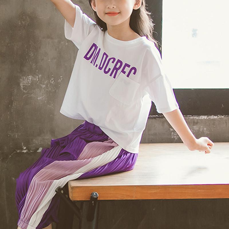 Girl Letter Pattern T-shirt & Color-block Pants - PrettyKid