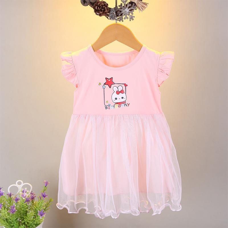 Toddler Girl Ruffle Sleeve Rabbit Mesh Hem Dress - PrettyKid