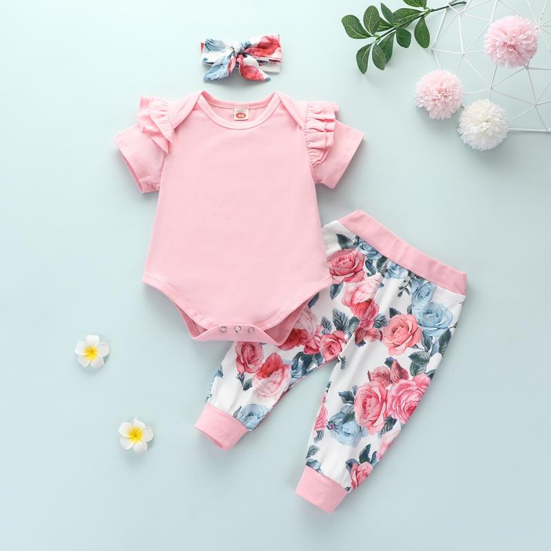 3-piece Ruffle Romper & Floral Pants & Headband for Baby Girl - PrettyKid