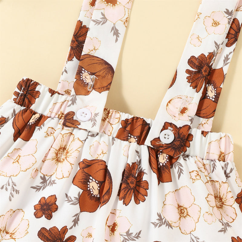 Baby Girls' Long Sleeved Printed Jumpsuit Dress Suspender Skirt Hair Band Set - PrettyKid