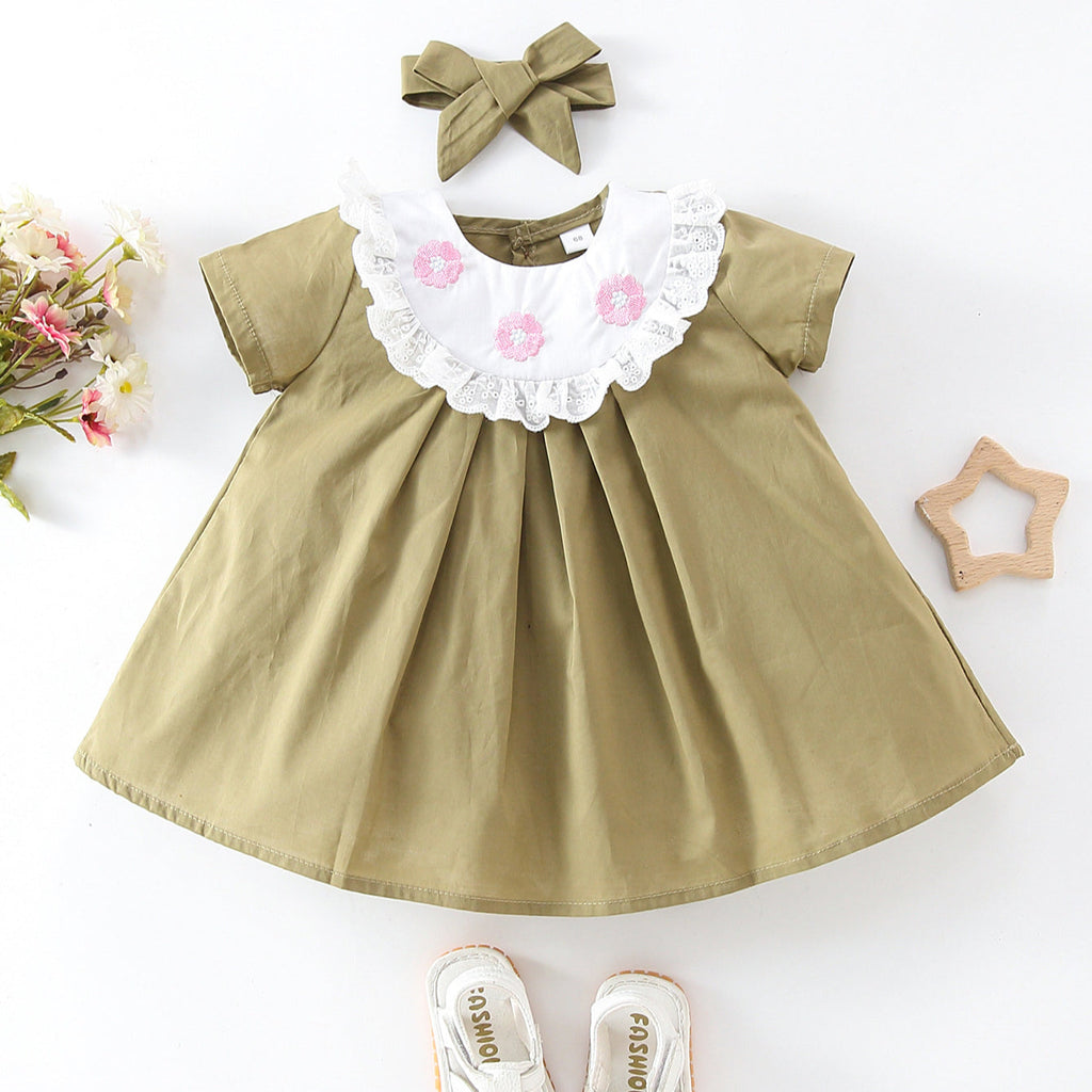 Baby Girl Flower Embroidery Lace Trim Dress With Headband Baby Girl Summer Dresses Online - PrettyKid