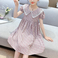 Kid Girl Puff Sleeve Lapel Print Chiffon Dress - PrettyKid