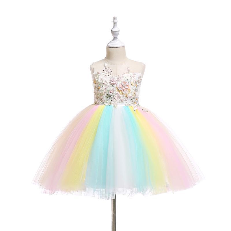 Beautiful Embroidered Flower Rainbow Tulle Sleeveless Party Dress - PrettyKid