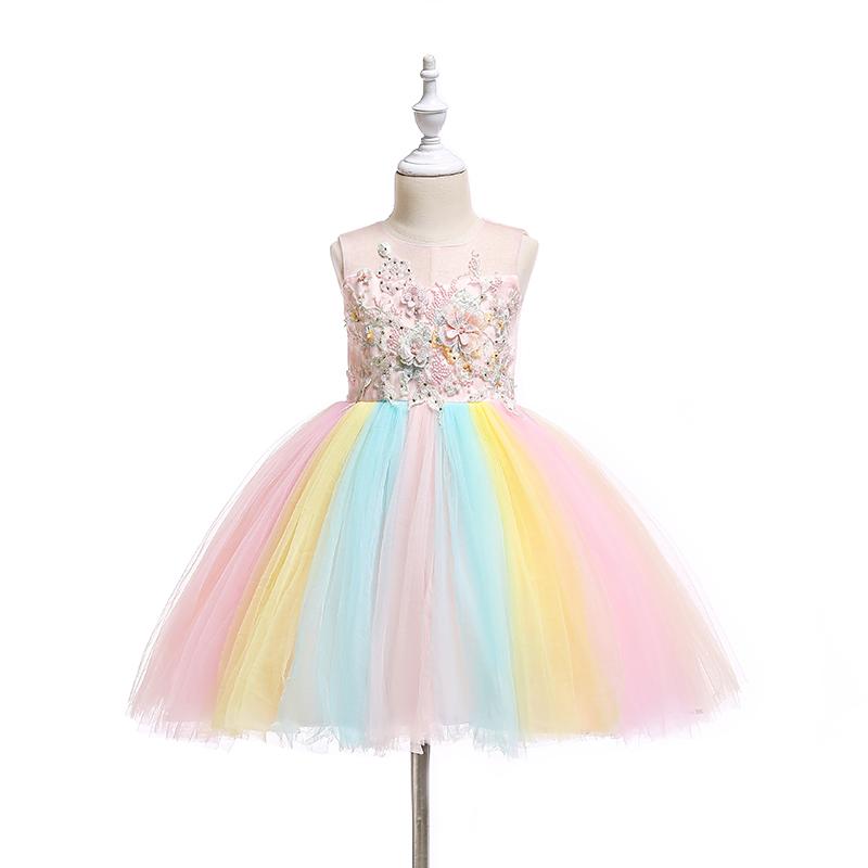 Beautiful Embroidered Flower Rainbow Tulle Sleeveless Party Dress - PrettyKid