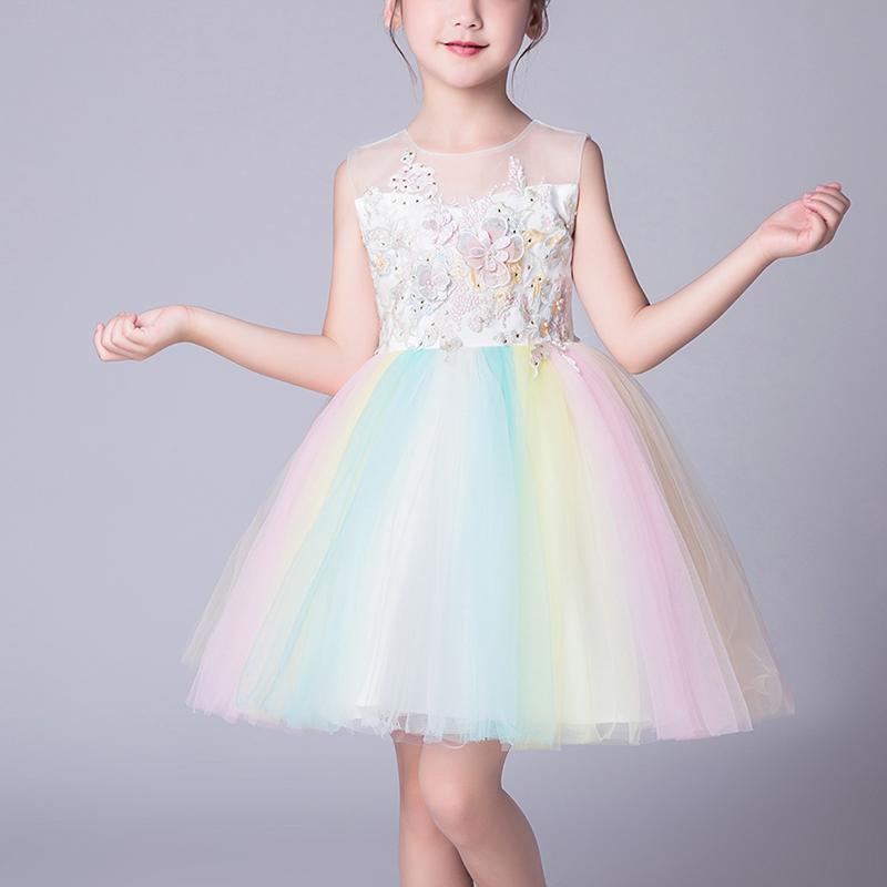 Beautiful Embroidered Flower Rainbow Tulle Sleeveless Party Dress - PrettyKid