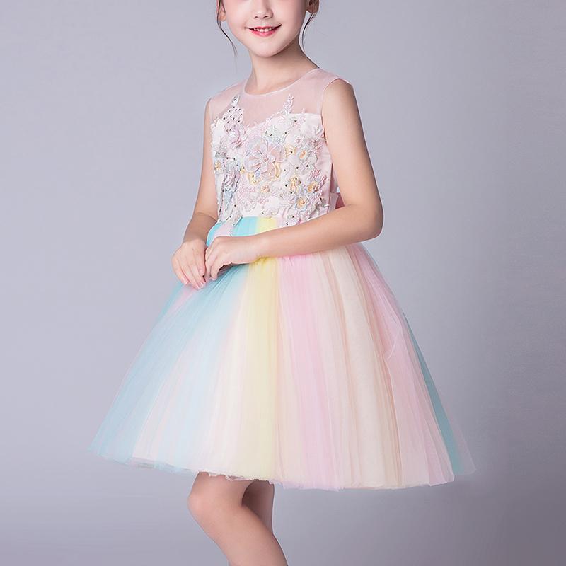 Beautiful Embroidered Flower Rainbow Tulle Sleeveless Party Dress - PrettyKid