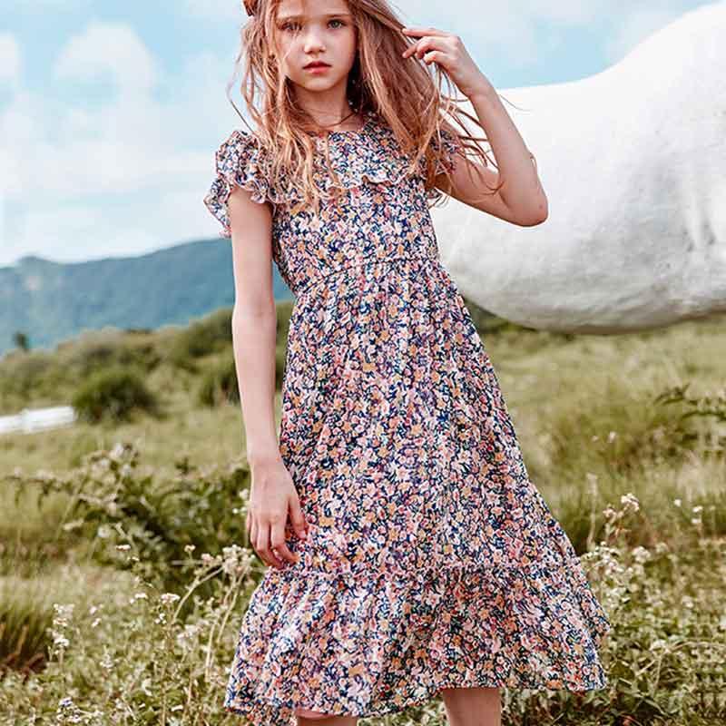 Girl Chiffon Ruffle Floral Print Dress - PrettyKid