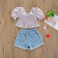 Toddler Girl Puff Sleeve Floral Top & Ripped Denim Shorts - PrettyKid