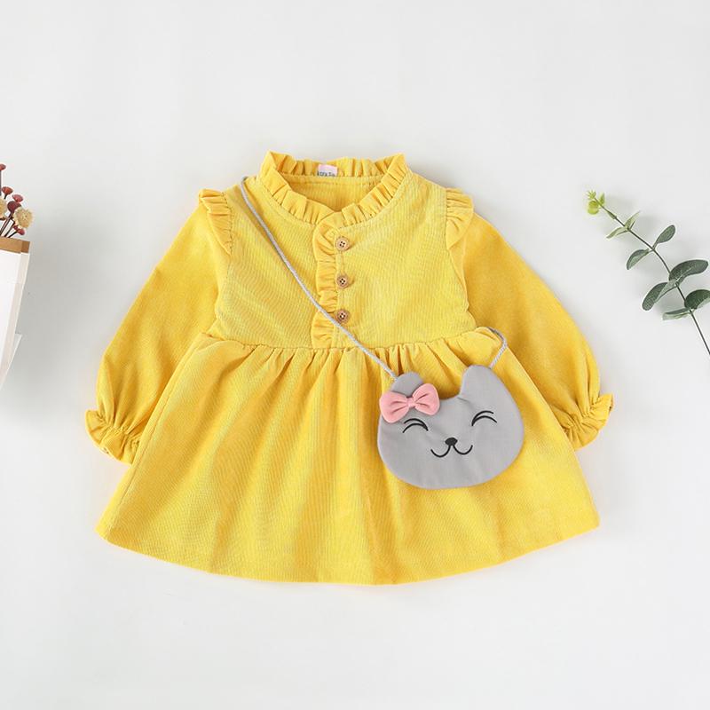 Cute Solid Ruffled Long-Sleeve Dress With Cat Bag - PrettyKid