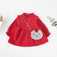 Cute Solid Ruffled Long-Sleeve Dress With Cat Bag - PrettyKid