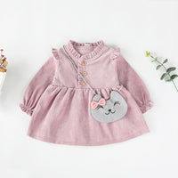 Cute Solid Ruffled Long-Sleeve Dress With Cat Bag - PrettyKid