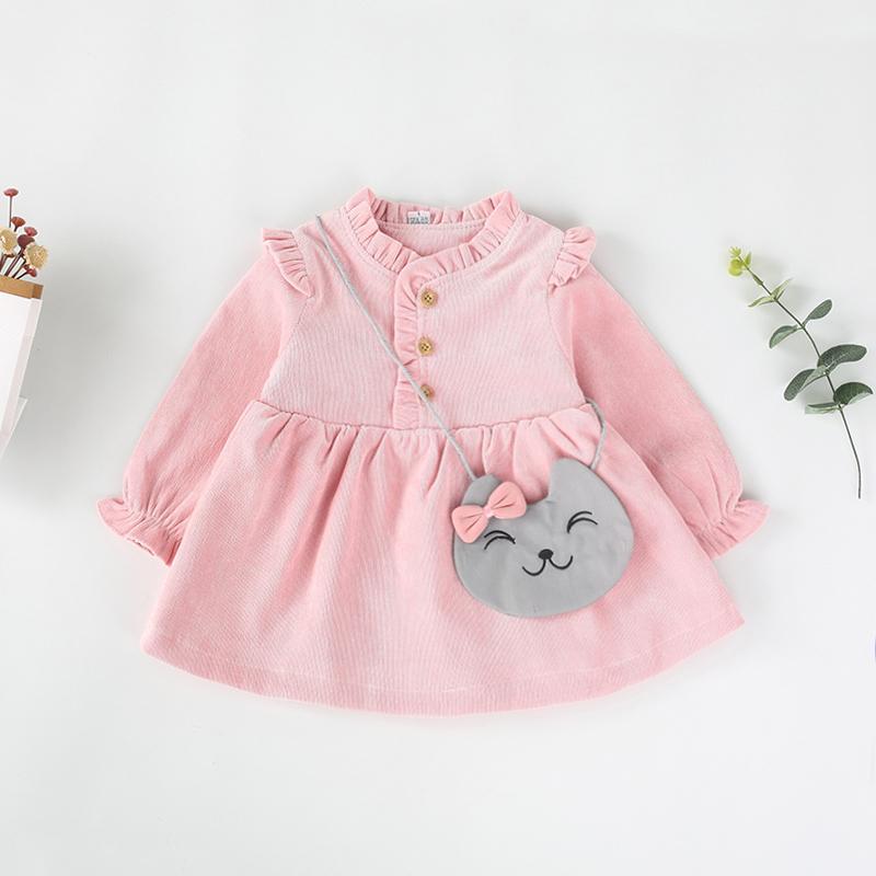 Cute Solid Ruffled Long-Sleeve Dress With Cat Bag - PrettyKid