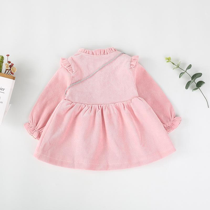 Cute Solid Ruffled Long-Sleeve Dress With Cat Bag - PrettyKid